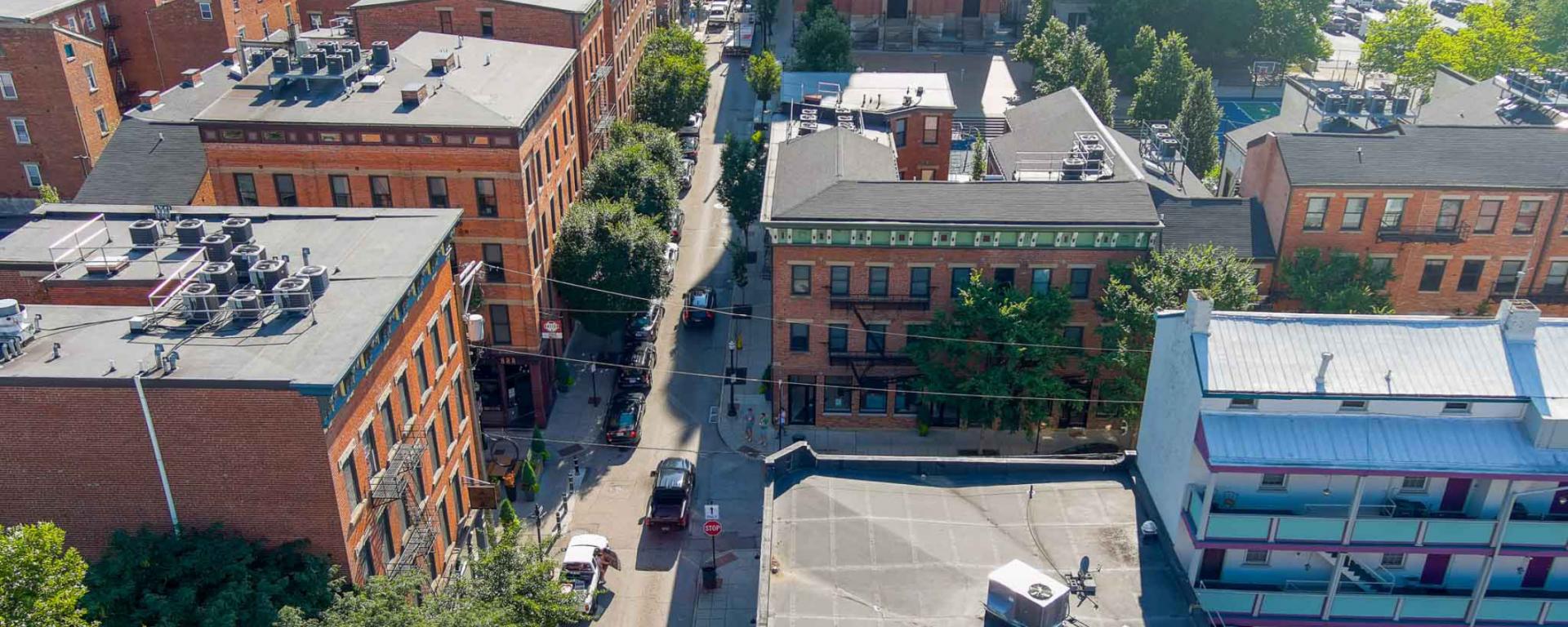 aerial photo of historic buildings and streetscape