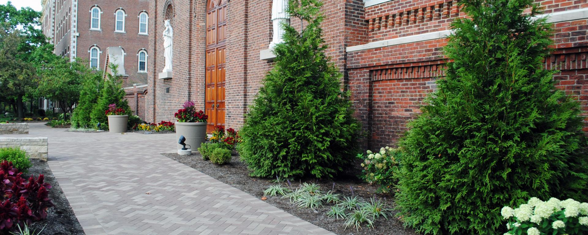 entrance and landscaping outside of chapel