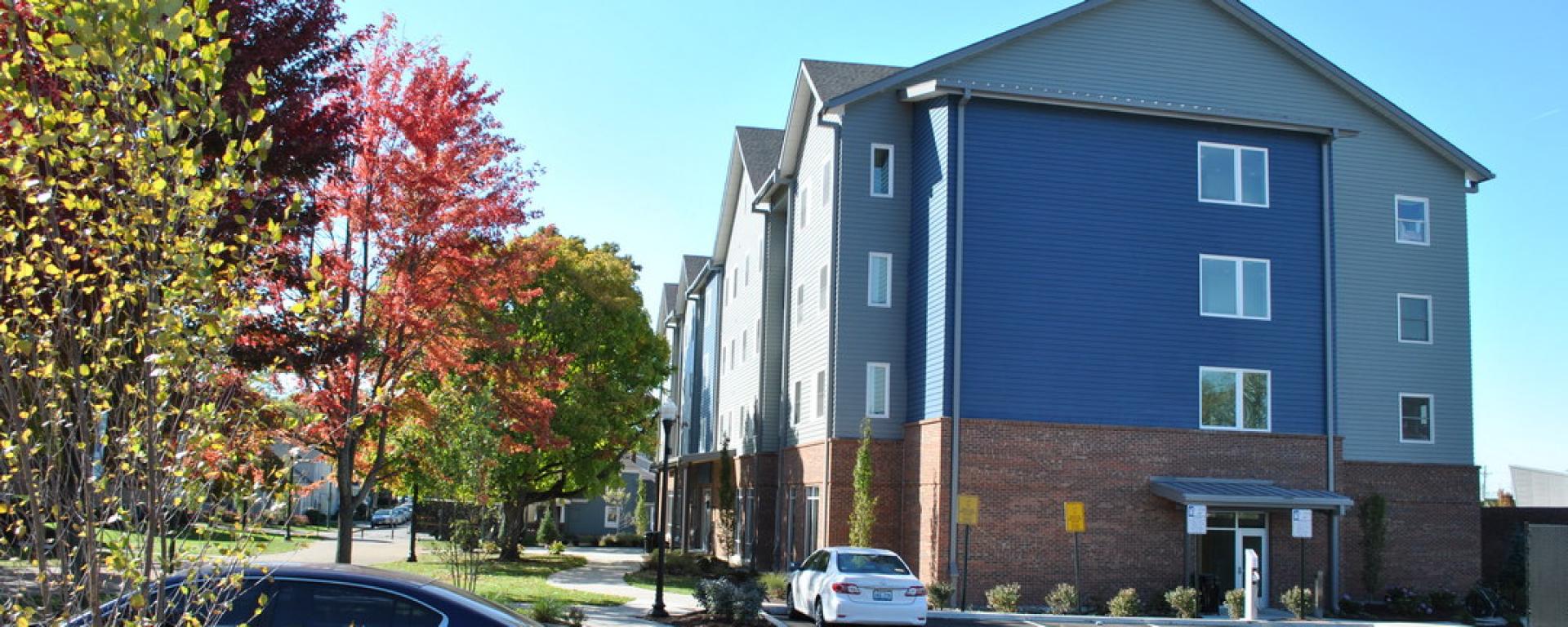 side profile of student housing during fall
