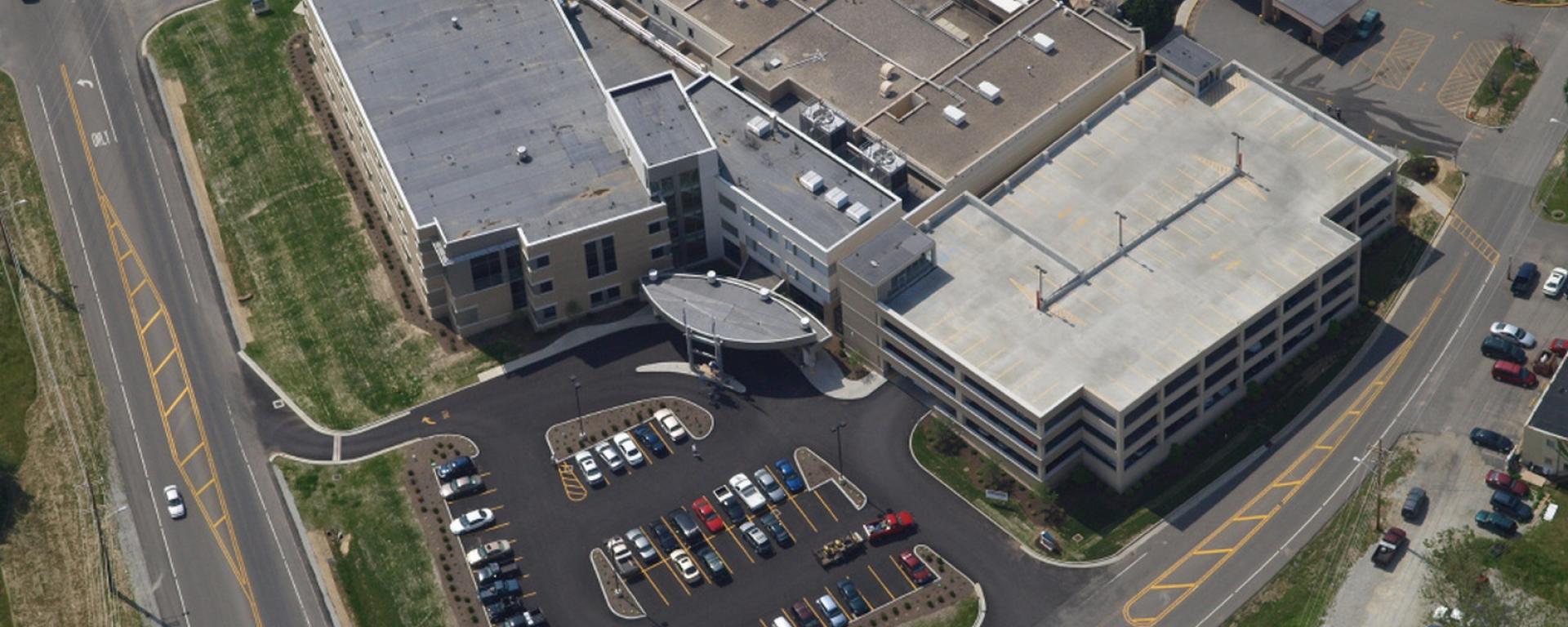 aerial of building and front parking lot