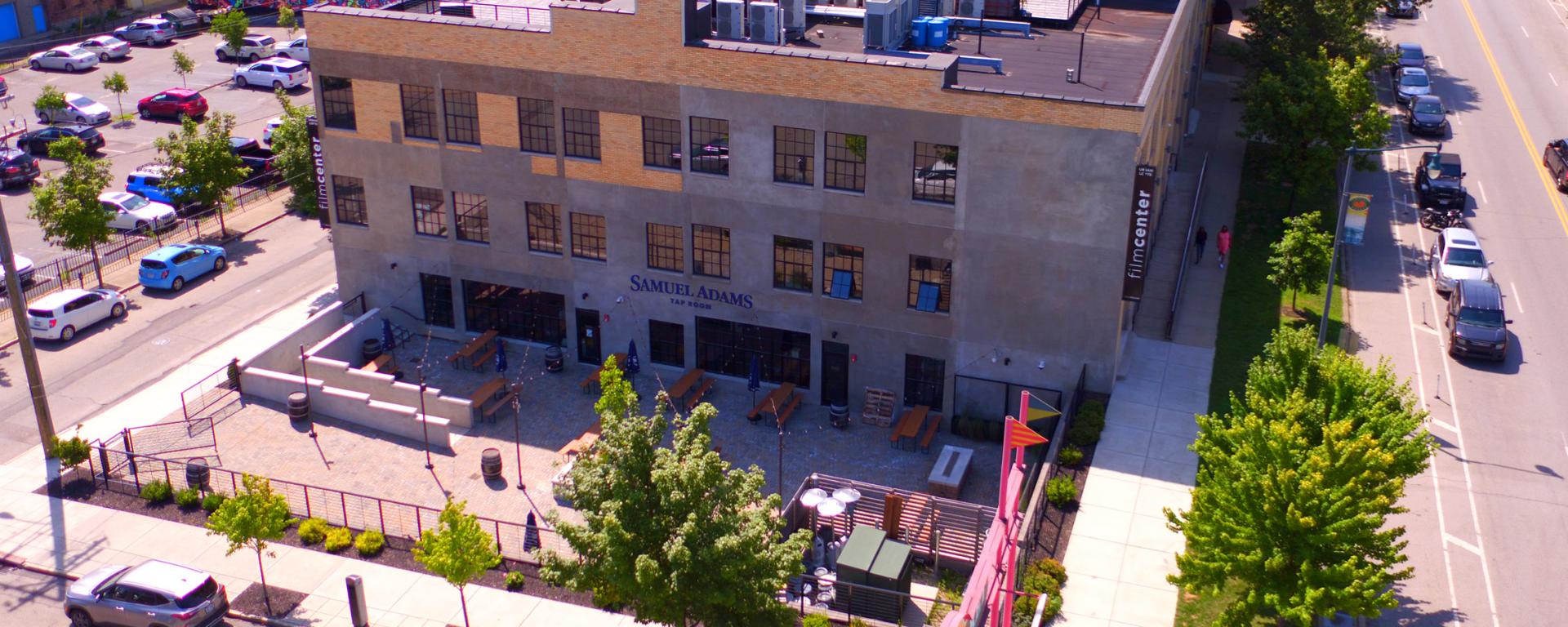 aerial photo of brewery patio