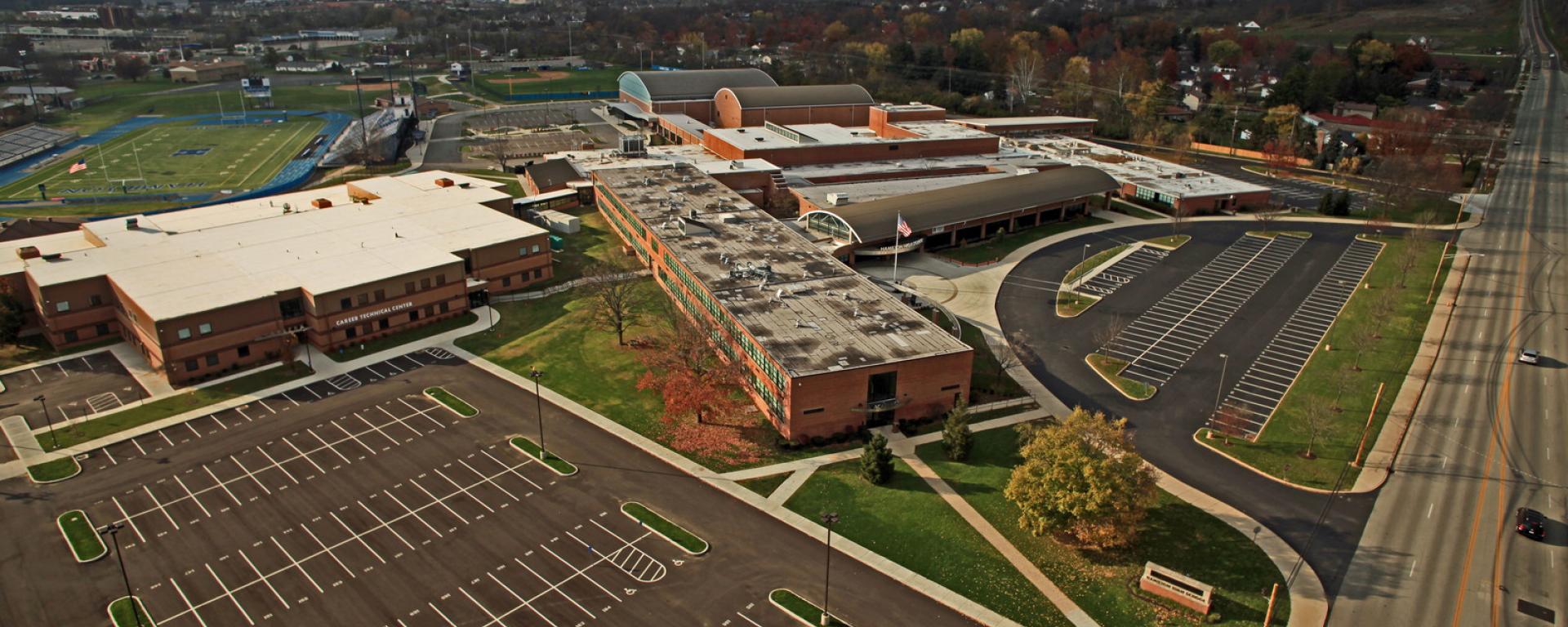 aerial view of school and sports complex