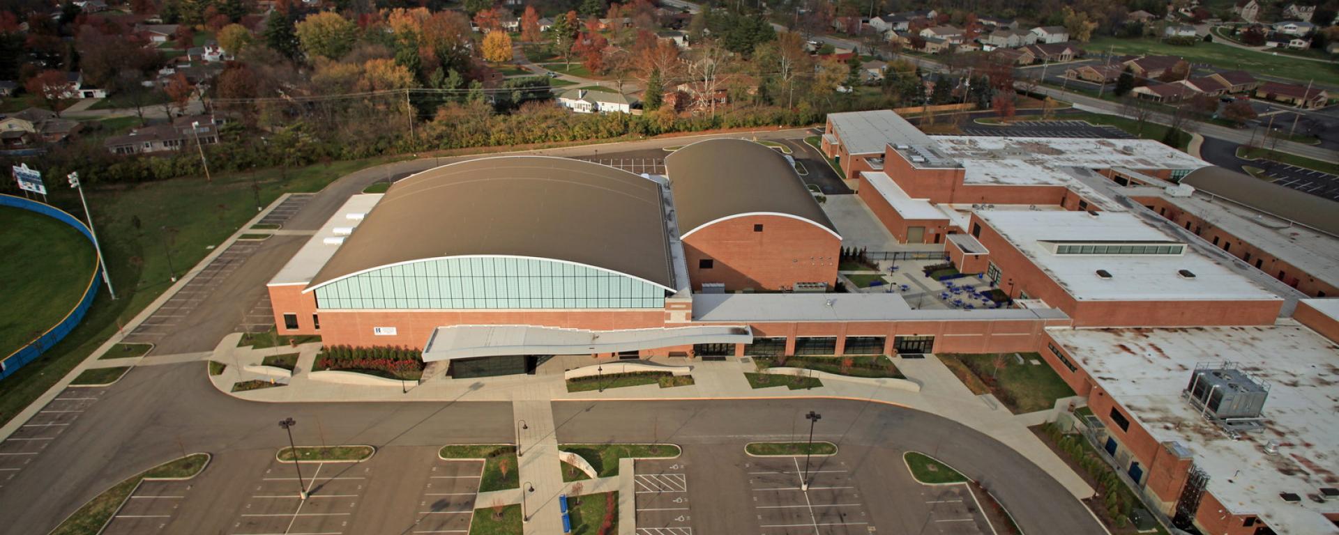 aerial of school and parking lot