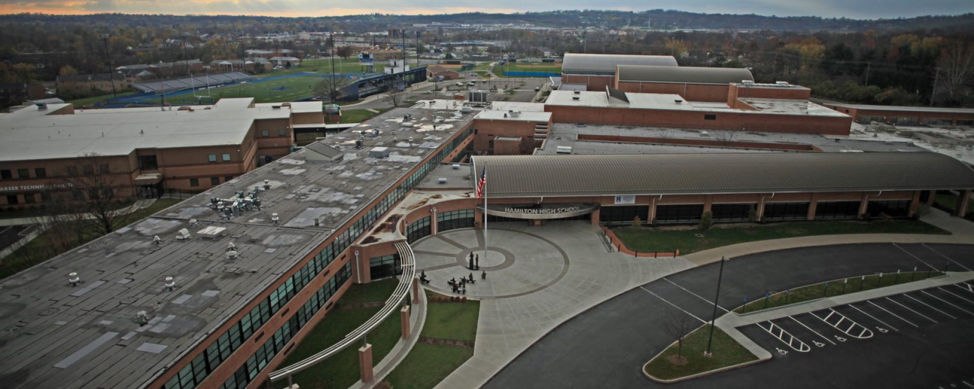 aerial view of entrance and landscaping of school