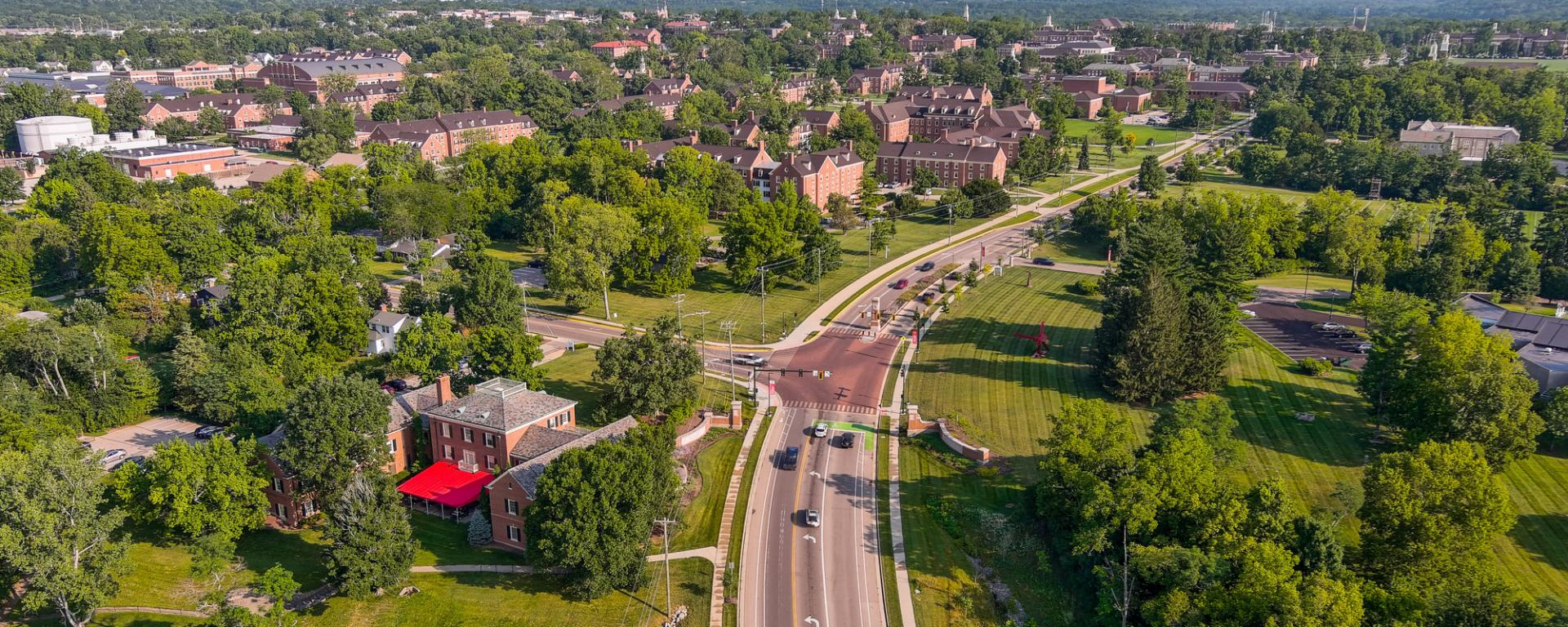 aerial photo of campus street entrance