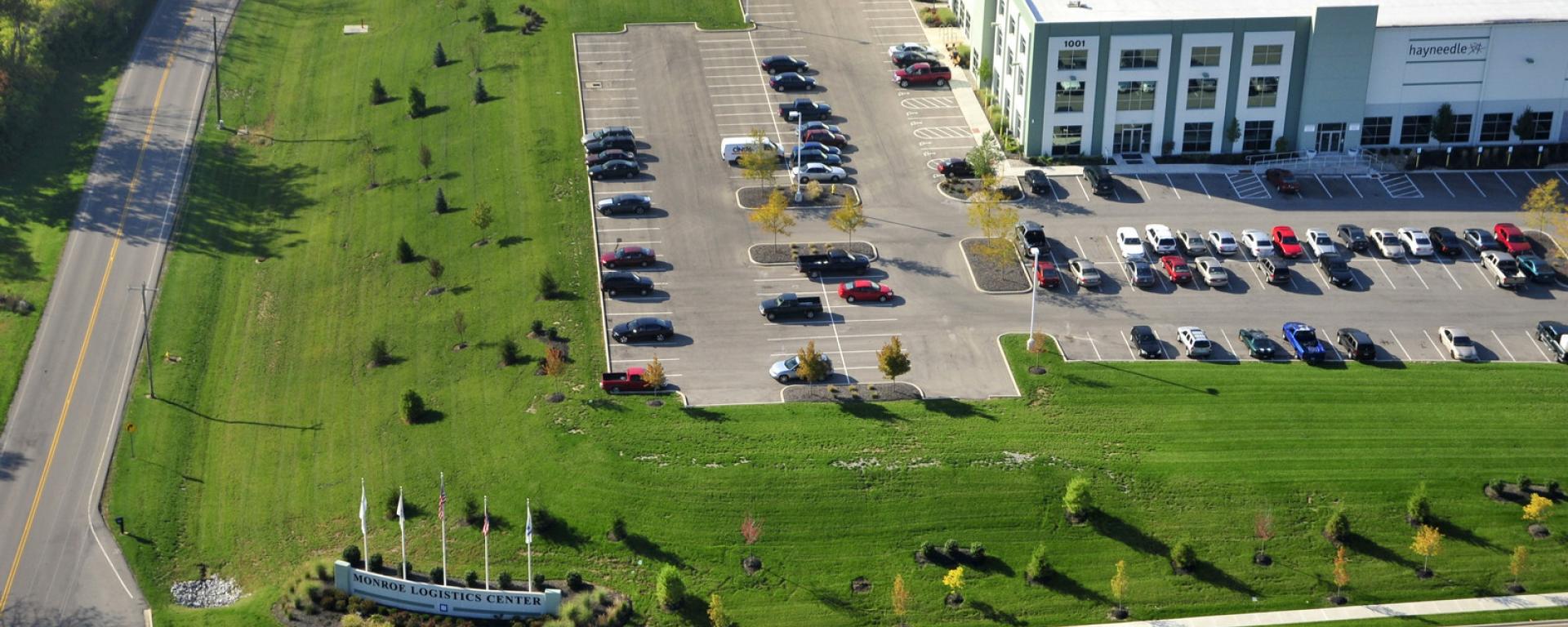 aerial of front entrance and parking