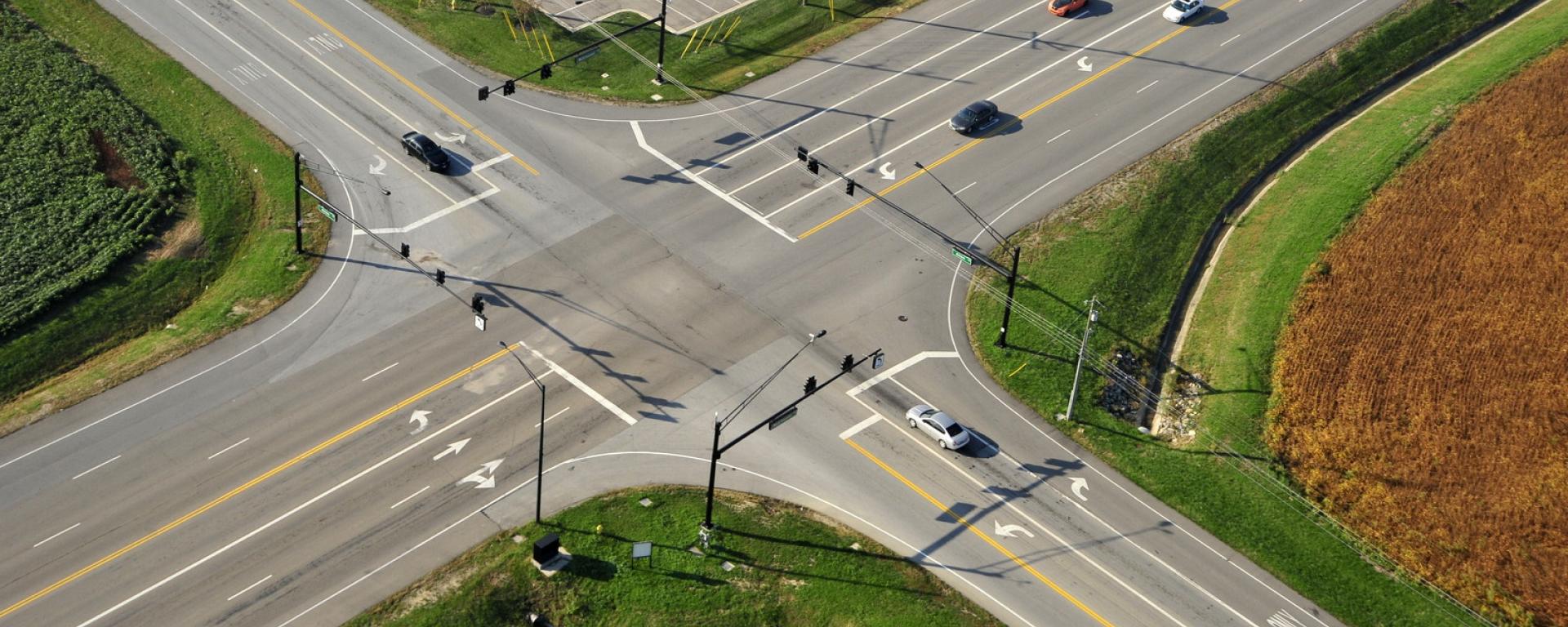 aerial of stoplight at roadway  intersection 