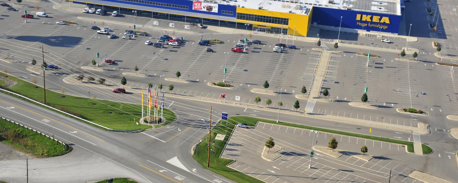 aerial of entrance into ikea from roadway