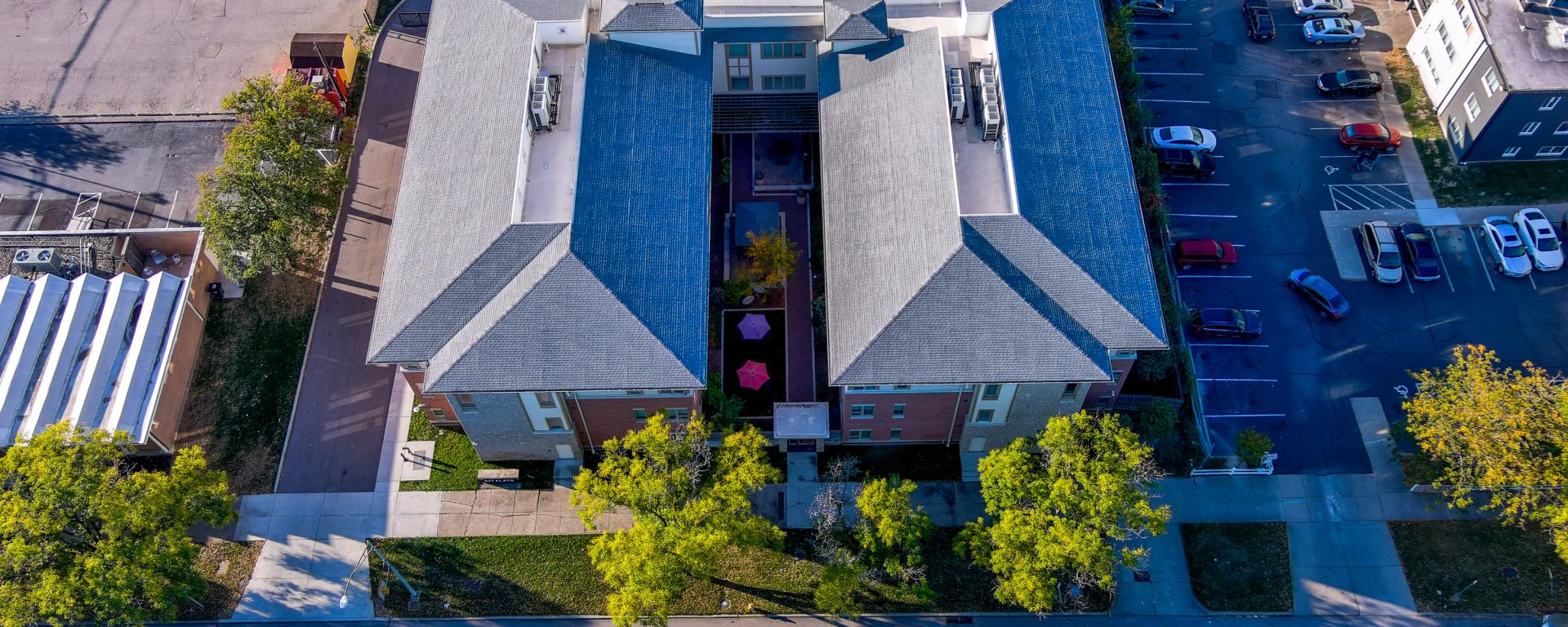 aerial photo of entry walkway in apartment building