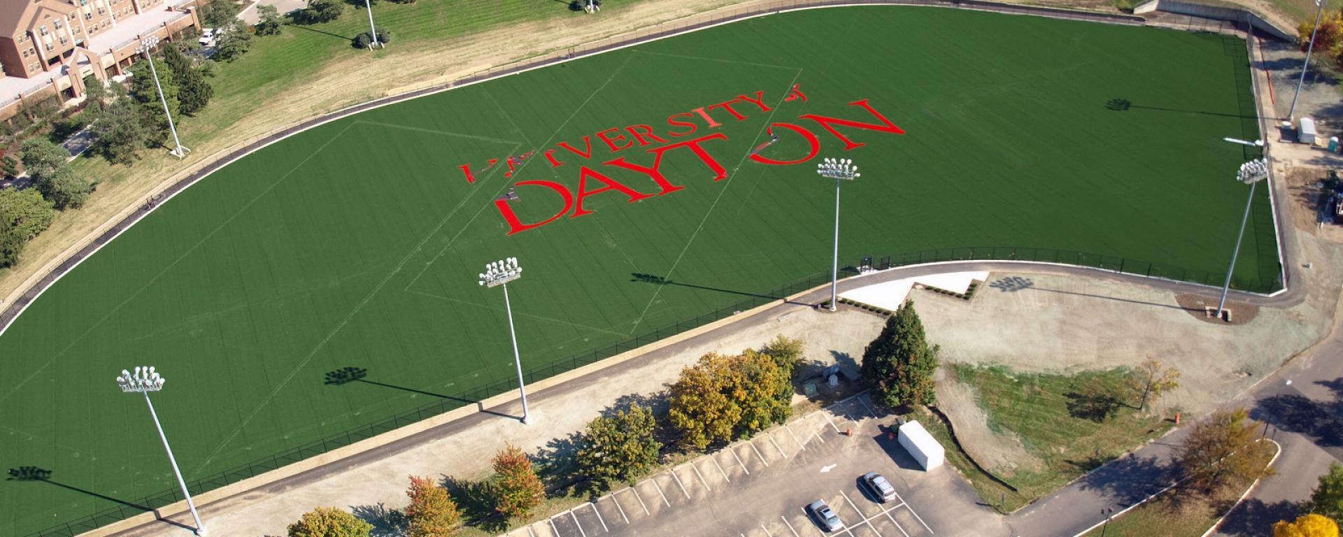 aerial of athletic field and parking lot