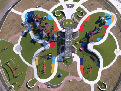 Common Ground All Inclusive Park Butterfly shaped playground aerial view