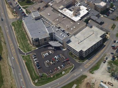 aerial of building and front parking lot