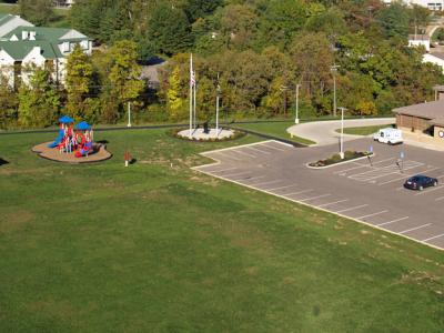 aerial view of playground and back of building