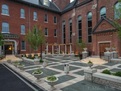monastery event center courtyard with seating