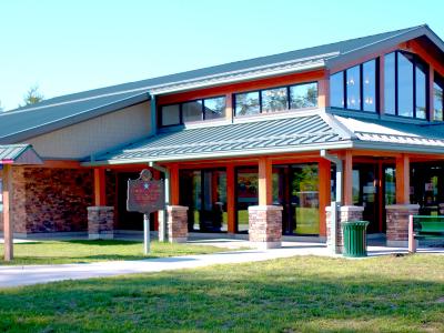 Ohio Welcome Center - Preble County wood and stone building with green roof