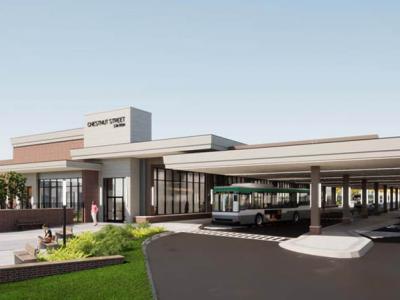 Oxford Multimodal Facility graphic rendering of gray building with bus station