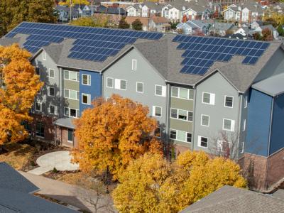 University of Dayton Adele Center aerial image of student housing during fall
